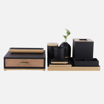 Elegant Matte Black and wood like resin Bathroom Accessories Set for Five Star Hotel
